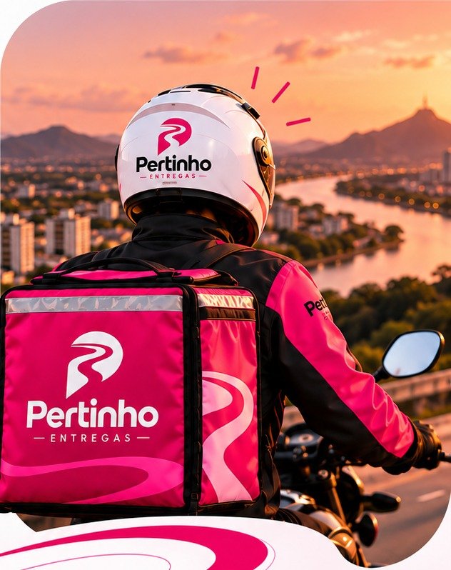 Entregador Pertinho em uma moto diante de uma paisagem ao entardecer.