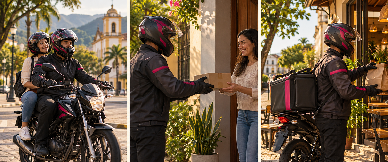 Composição em três cenas: mototáxi com duas pessoas usando capacete, entrega de encomenda e entrega de comida.
