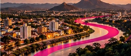 Imagem ilustrativa de uma paisagem urbana do Vale do Paraíba com uma rota magenta.